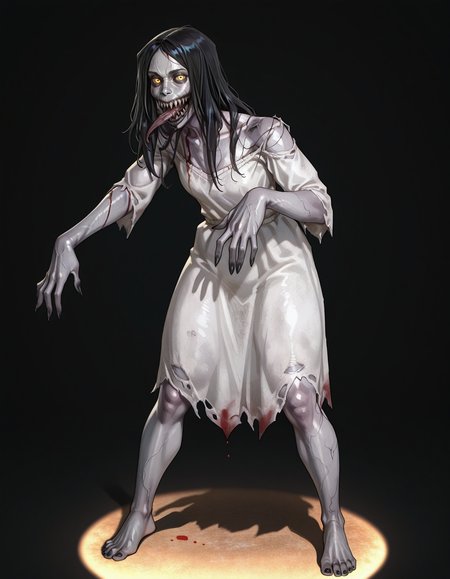 white dress, torn clothes, 
black background, 
1girl, solo, standing, zombie pose, looking at viewer, black nails, 
<lora:7d2d-screamer:1> xscreamerx, long hair, black hair, big mouth, sharp teeth, yellow eyes, grey skin, horror (theme), blood, long fingernails, (long toenails:0.9), long tongue, black veins,