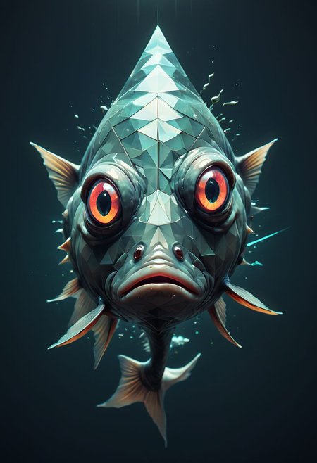 Surreal fish, glowing eyes, glitchcore, double exposure, poster style, geometric, triangles, glitchy, eerie, lights, occult, dark, fish fish fish