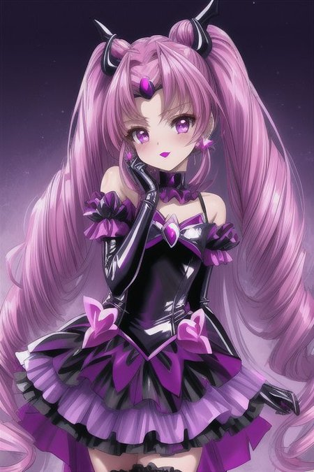 evil corrupted young princess wearing dark pastel (ruffled:1) (gleaming latex:1) EvlSM DarkPrecure Bad_End_Precure gown with (long latex cape:1) and latex elbow bridal gauntlets, (Perfect Face:1), soft lighting, glossy red lips, ruffles,
<lora:more_details:1>