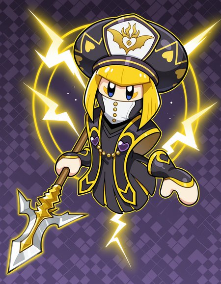 masterpiece, best quality, amazing quality, very detailed, newest, no humans, solo, WnKrbZnPrtznn, blonde hair, short hair, floating hands, black robe,  ribbon, black hat, weapon, polearm, floating, looking at viewer, full body, abstract background, (lightning motif, elegant), yellow motif, dynamic pose, shiny, frame, sparkles, covered mouth, crest, coat of arms, <lora:6181c8c8-c962-4334-b2cb-3dfb77597397:0.9>