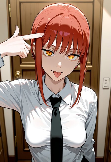 masterpiece, good quality, best quality, amazing quality, very aesthetic, very awa, very as2, high resolution, ultra-detailed, newest, highres, absurdres, 1girl, solo, Makima \(chainsaw man\), chainsaw man, fujimoto tatsuki \(style\), looking at the viewer, red hair, braid, sidelocks, braided ponytail, yellow eyes, ringed eyes, foreshortening, depth of field, out of frame, finger gun to head, pointing at self, index finger raised, hand up, tongue out, arm at side, white shirt, collared shirt, necktie, indoors, small breasts, sagging breasts, contrapposto, straight-on, portrait, indoors, door,