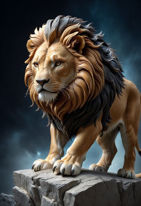 3D render of a majestic lion sculpture, hyper-realistic, intricately detailed fur, powerful stance, dramatic lighting, by Robert Kondo and Paul Komoda, high resolution, polished marble texture, museum quality display, showcasing strength and grace, with a naturalistic background. 
3d-rendering, concept-art, digital, dreaminess, futuristic, multimedia, sculpture, virtual-reality
concept-art, awesome full color, fantasy, epic, majestic, magical, dreamy, perspective, light and shadow, moody, epic, 
beautiful, painterly, aesthetic, textural, vivid, vibrant, intricate details, highly detailed, ultra-detailed, absurdres, 
aidmamj6.1, WhiteMold