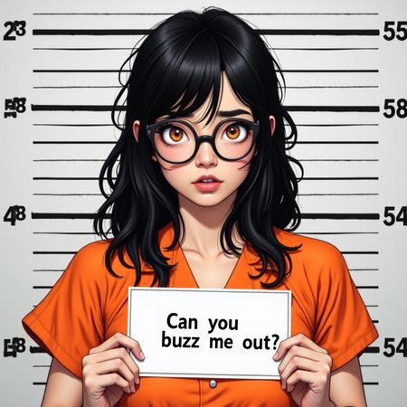 A realistic photo of an asian woman with long messy black hair with bangs, glasses, orange eyes, and a cute round face with a mischivous expression. She is wearing an ((orange jumpsuit)). In the background are equidistant horizontal lines, typical of a jail mugshot frame. The woman is holding a placard at her chest that says "Can you buzz me out?"