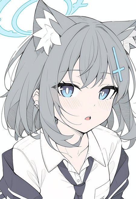 <lora:masabodo_xl:1>, shiroko_\(blue_archive\), blue_archive, 1girl, animal_ear_fluff, animal_ears, blue_eyes, blue_halo, blush, collared_shirt, cross, cross_hair_ornament, earrings, extra_ears, grey_hair, hair_ornament, halo, inverted_cross, jewelry, looking_at_viewer, mismatched_pupils, open_mouth, shirt, short_hair, simple_background, solo, stud_earrings, teeth, upper_body, upper_teeth_only, white_background, white_shirt, wolf_ears, wolf_girl, masterpiece, best quality, very aesthetic, absurdres