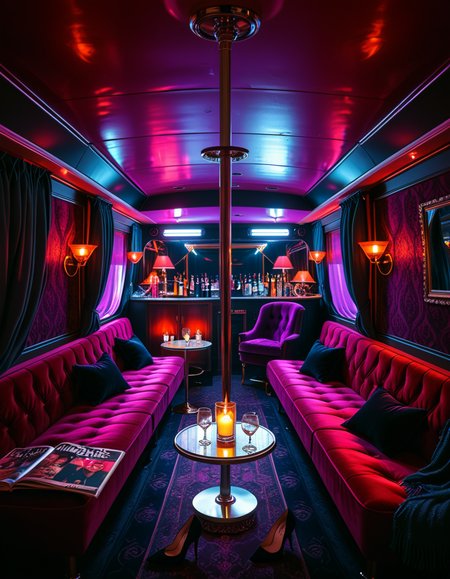 The interior of an old RV transformed into a mysterious, shady lounge with a moody and dimly lit atmosphere. The space is filled with deep red and purple lighting, creating a sultry neon glow. In the center stands a chrome pole mounted to the ceiling and floor, surrounded by plush velvet seats and low tables with half-empty glasses and flickering candles. The walls are lined with heavy curtains and faded wallpaper, giving a vintage and secretive vibe. A small bar area in the back holds various bottles and glasses, with a mirror backsplash reflecting the dim lights. The floor is covered in worn carpets and scattered with high heels, scarves, and old magazines. Subtle details hint at an underground lifestyle, without showing anything explicit. The overall ambiance is smoky, intimate, and cinematic. Highly detailed, noir-inspired, low-key lighting, retro-modern fusion style.
<lora:SDXLFaeTastic2400:0.4> <lora:extremely_detailed:0.4> extremely detailed<lora:4dult_rv:1>,4dult rv, Masterpiece,best quality,hi res,8k,hi res,8k,award winning,(sharp focus, intricate, highly detailed),