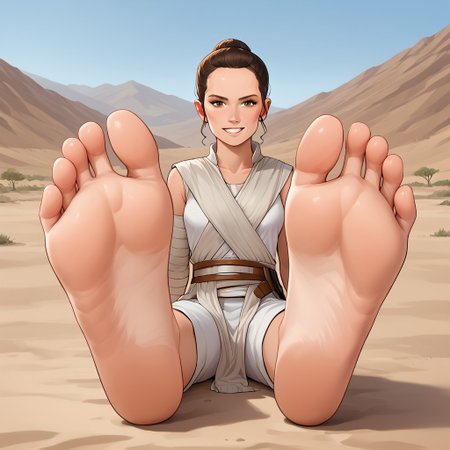 score_9, score_8_up, score_7_up, score_6_up, score_5_up, score_4_up, source_anime, BREAK, (masterpiece:1.4), (best quality:1.2), expressive eyes, perfect face, perfect anatomy, accurate anatomy, perfect feet, perfect soles, 1 girls feet, adult female, mature female, soles, toes, foot focus, front view, smile, cute expression, clean feet, sitting, hands on ground, showing feet, barefoot, 5 toes, PONYXL_WaifuFeetPics_ownwaifu, feet, Rey, 1girl,  solo, brown hair, brown eyes, sleeveless, white cloth, white pants, bandages, desert