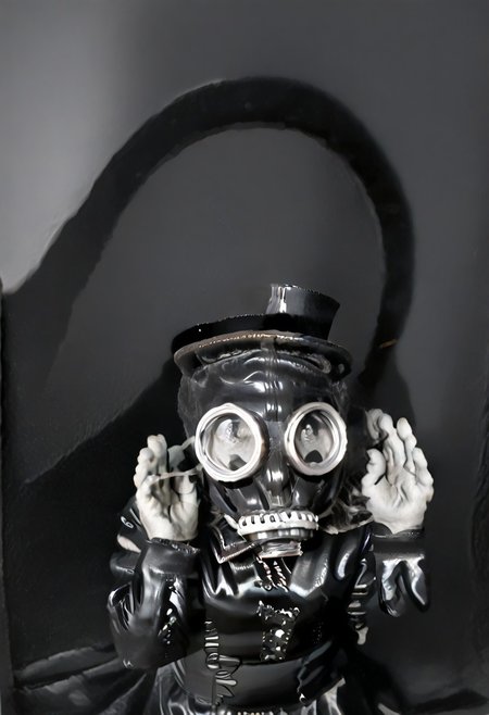 (((black and white, monochrome,gasmask))),((hands up, raised hands, small man with mustache, top hat, kenbis, chibi, chibi, male only, male, male chibi, monocle, art deco, thick mustache, comically large mustache, handlebar mustache, tiny, multiple men, shrunk, microxl, some little guys,  high angle, from above)), bwMovies, realistic, photo, vintage photo, ((very small man, small man, a small man, a man who is small, a small man)), an unapologetically small human male, black and white, smiling, very happy, euphoric, ecstatic, wonderful small men, large smile, huge smile