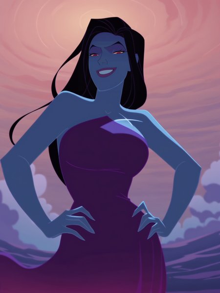 score_9, score_8_up, score_7_up, 1girl, leaning forward, on sea, smile, looking at viewer, smile, cowboy shot, (dynamic pose:1.1), dynamic angle, sexually suggestive, hands on hips, from below, 
 <lora:ASinbadEris_character:0.85>, ErisXLP, long hair, black hair, colored skin, red eyes, strapless, dress, blue skin, anime screencap, clean skin, big breast,