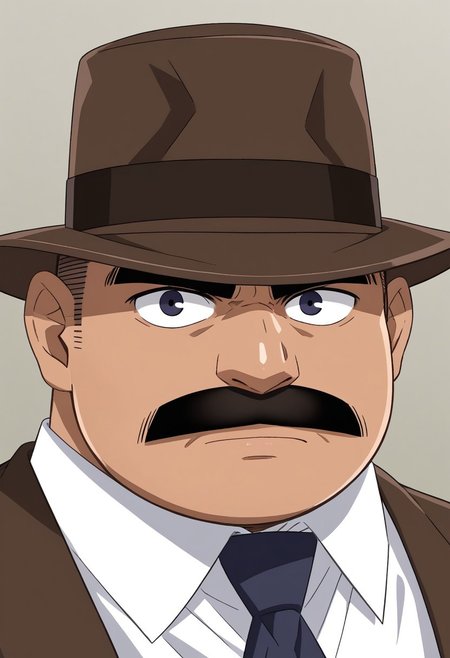 Megure, Hat, man suit, mustache, looking at viewer, high detail, serious,half body
