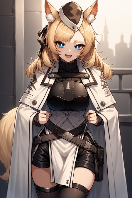 score_9, score_8_up, score_7_up, , rating_general,1girl ,wssd, animal ears, tail, hair ribbon, garrison cap, ribbed sweater, long sleeves, breastplate, white cape, pouch belt, black shorts, pelvic curtain, black thighhighs, high heels, source_anime, smile, :3,  skin fang, open mouth, naughty face, <lora:WhislashPDCAMEv2L AK-000006:1>,
