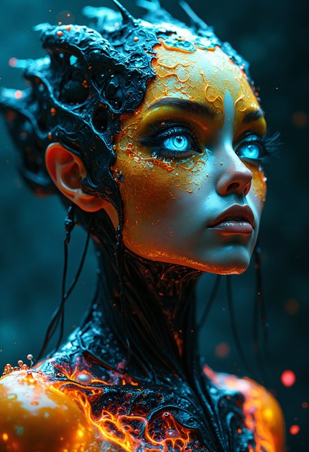 Hyper-realistic portrait of an otherworldly being with a mesmerizing blend of alien and human features. The subject's face is a striking contrast of vibrant yellow-orange gradient skin transitioning to a sleek, oil-slick black neck and shoulders. Enormous, luminous blue eyes dominate the face, with intricate iris patterns that seem to swirl and shift. The eyes are framed by long, feathery lashes and expressive brows.
The being's head is adorned with a crown-like structure of iridescent scales or plates that shimmer with blue and gold hues, dripping with a bioluminescent substance. Delicate tendrils of hair-like filaments float around the head, glowing with an inner light and moving as if underwater.
The skin texture is a complex interplay of smooth areas and intricate, raised patterns resembling circuitry or tribal tattoos. These patterns pulse with a soft, internal light that shifts between cyan and orange hues. Droplets of a glowing, electric blue liquid cling to the skin and drip down the neck, creating a mesmerizing effect.
The being's body is partially transformed, with sections of the torso and arms appearing to be composed of swirling, molten energy in vibrant orange and red hues. This energy forms intricate, organic patterns that resemble bioluminescent deep-sea creatures or abstract flame designs. The patterns seem to move and pulse, giving the impression of barely contained power.
The lighting is dramatic and multifaceted, with a dominant cool blue tone washing over the subject, contrasted by warm orange and pink highlights that accentuate the curves and edges of the face and body. This creates a striking chiaroscuro effect that emphasizes the alien nature of the being.
The background is a deep, rich gradient from teal to black, suggesting an otherworldly environment or the depths of space. Floating particles of light surround the being, adding to the magical, ethereal atmosphere.
Every detail is rendered with painstaking clarity - each droplet, scale, and glowing filament is captured with photographic precision, creating an image that blurs the line between reality and fantasy, inviting the viewer into a world of alien beauty and advanced biotechnology.