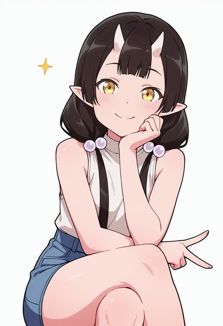 Smooth Quality,masterpiece,very intricate, high quality details, ultra realistic, high detailed skin,detailed enviorement,absurdres,
v,solo,
 <lora:Care_Resumisu_CNR:0.8> care_cnr, 1girl,black hair, pointy ears, long hair, yellow eyes, oni, low twintails, skin-covered horns, bobbles,, simple background, white background, front view,
sitting, legs crossed, hand on chin, smiling, relaxed,  ,, sleeveless shirt, ,sleeveless shirt, ,denim skirt,  ,, ^q^ ,