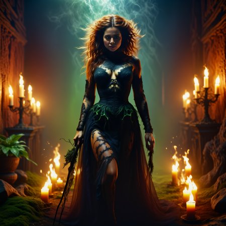 cinematic photo  Hyperrealism full body shot of a sexy Woman, highly detailed.8k wallpaper, ultra detailed, cinematic scene, depth of field, witch, Skilled in magic and sorcery, benevolent women with knowledge of herbs and potions, spells and enchantments, deeply connected with the supernatural and the occult <lora:EdobHorrorLandscape_XL_v1.0:.8>,  EdobHorrorLandscape <lora:EdobHorrorValentine_XL_v1.0:.7> <lora:HGHDRFB_XL:.8> . 35mm photograph, film, bokeh, professional, 4k, highly detailed