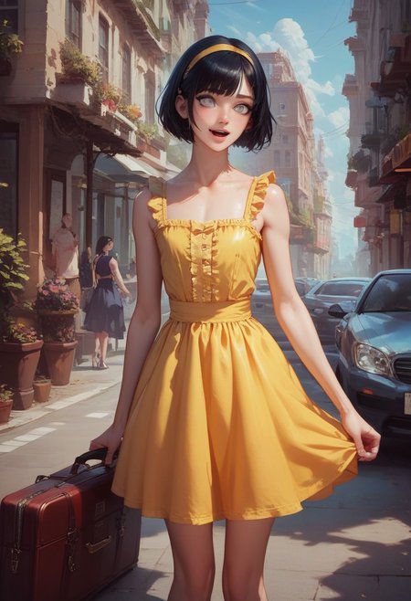 score_9, score_8_up, score_7_up, 1boy, femboy, otoko no ko, short hair, bob cut hair, black hair, grey eyes, gray eyes, feminine face, toned body, Shelly, cute sundress, yellow sundress, frills, bare shoulders, yellow hairband, bare neck, highly detailed, intricate, zzCitronCAT, excited expression, standing, standing next to cab, parked cab, outside, street, luggage, solo, concept art, realistic