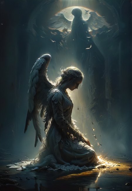 praying kneeling natural born killer angel in a robe of feathers, eerie glowing halo, winged, realistic, nighttime, <lora:The_Dark_Side_of_the_Earth:0.7>  <lora:- SDXL - pony_random_stuff_V1.0:0.8> <lora:- SDXL - vntblk_vanta_shapes_V1.0:0.6>