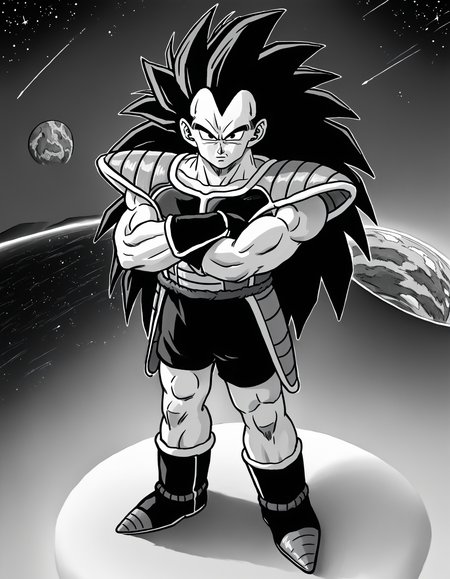score_9, score_8_up, score_7_up, source_anime, spiked hair,
raditzxl,  1boy,solo,black hair,long hair, black eyes,looking at viewer, male focus,
crossed arms, saiyan armor,boots, space,night,full body, 
monochrome, greyscale, lineart,
<lora:raditsxl5-000003:0.8>