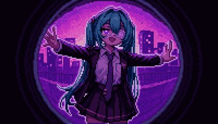 1girl, hatsune miku, hmmonitoring, peephole, very long hair, twintails, bangs, hair between eyes, medical eyepatch, school uniform, collared shirt, necktie, jacket, open jacket, long sleeves, pleated skirt,
outstretched arms, pocket, one eye covered, shirt tucked in, breast pocket, purple necktie, medical eyepatch, glitch, cowboy shot, :d, glowing eyes, half-closed eyes, palms, heart-shaped pupils, 
outstretched arms
outdoors, building, purple theme, abstract background, sunset, cityscape, wind, cowboy shot, 
backlighting, reflection, gradient background, 
rating safe, retro pixel art, pixelated, retro, white outline,
masterpiece, best quality, amazing quality, newest, <lora:Hatsune_Miku_Monitoring:1.0> <lora:midnight_girls_r_-_pixel_art_style:1.0>