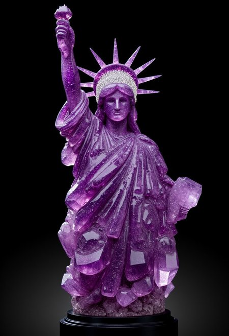 epic photography of A small-scale replica of the Statue of Liberty's upper torso and crown, intricately sculpted from sparkling amethyst crystals, displayed as a museum specimen. The amethyst material's translucent purple hues shimmer under precise, soft lighting, revealing intricate details like the folds of the robe and the spiked crown. Set against a solid black background, the lighting emphasizes the crystalline texture and brilliance of the gemstone. The composition is clean and focused, resembling a professional museum catalog photograph, highlighting the fusion of iconic artistry and the unique gemstone medium.