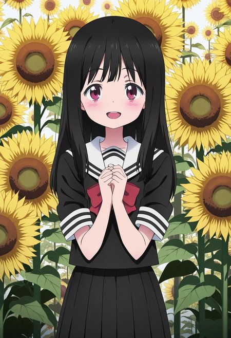 anime coloring, anime screencap, masterpiece, best quality, amazing quality, detailed face, aya asagiri, 1girl, solo, anime style, school uniform, serafuku, black serafuku, black shirt, black skirt, shirt, sailor collar, short sleeves, pleated skirt, long hair, black hair, bangs, smile, open mouth, :D, blush, looking at viewer, own hands together, standing, cowboy shot, bow, red bow, red bowtie, bowtie, flower, sunflower, floral background