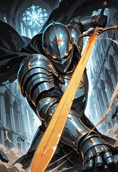 embedding:IllusP0s, codex sss chroma 
 1boy, solo, upper_body, dynamic_angle, cinematic_lighting, sword_pointed_at_viewer, knight, full_armor, shattered_armor, light_sword, church_ruins, glowing_eyes, intense_expression, tattered_cape, shadow, dust_particles

gothic_architecture 

dynamic pose, foreshortening, extreme perspective
