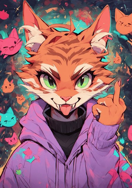 score_9, score_8_up, score_7_up, score_6_up, score_5_up, score_4_up, futuristic art, cat wearing a purple hoodie, orange tabby cat, solo, middle finger, fangs, tongue, abstract background, pathtracing, perspective, c0l0urc0r3, cute, bright colours
