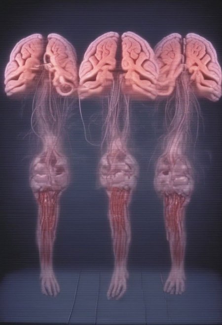 crt style tvs sets multiple human brains emerging from 5 women glowing massive amounts of intestines and cables woven together inside multiple modern television sets in technology warehouse