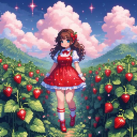 score_9, score_8_up, score_7_up, score_6_up, high quality, (detailed pixel art):1.6, 64-bit, strawberry dress, red bow, chubby, red thigh high socks, pastel colors, clouds, sparkles
 <lora:c0ttp1nkXLP:0.5>