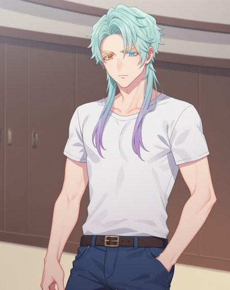 score_9, score_8_up, score_7_up, source_anime, anime screencap, depth of field, rating_safe, BREAK,
1boy, solo, yaoi, male focus,
looking at viewer, cowboy shot, facing viewer, standing, straight-on, arms at sides,
<lora:Peter_Flaige_Pony:1> peterflaige, aqua hair, heterochromia, long hair,
shirt, pants, 
indoors,