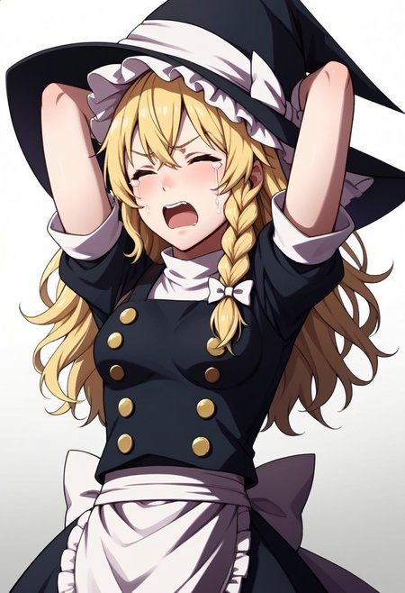awakeningportraits, portraits, 
1girl, kirisame marisa, 
blonde hair, yellow eyes, single braid, witch hat, white ribbon, black skirt, black shirt, short sleeves, 
toned, curvy, medium breasts, 
upper body, 
arms behind head, 
closed eyes, 
wavy mouth, 
crying, 
screaming, 
white background, 
gradient background, 
waist apron, white sleeves,