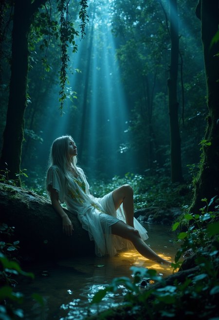 glamorous photo (hyperrealistic professional photography:1.25) A forest at twilight night, featuring a woman with long, flowing silver hair. She is resting peacefully against a moss-covered log near a shallow, glowing pond. Her white dress with gold and green embellishments gently wraps around her, and the fabric is slightly translucent, revealing her figure as she reclines with one leg slightly bent and the other extended, her feet touching the waters surface. The lighting of the scene is a soft, bluish glow, with beams of moonlight filtering through the dense, towering trees overhead, casting delicate shadows across the forest floor. The trees are adorned with hanging vines, and small patches of luminescent plants surround the area. The overall atmosphere is calm, magical, and slightly ethereal, evoking a deep connection to nature. with rich contrasts of blue, green, and silver tones
 . high fashion, luxurious, extravagant, stylish, sensual, opulent, elegance, stunning beauty, professional, high contrast, detailed