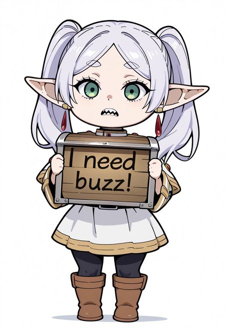 masterpiece, need_buzz, holding sign, sousou no frieren, frieren trapped inside a chest ,chibi,chibi style,  Frieren from Frieren: Beyond Journey’s End is frequently depicted  postrated in  getting caught inside a treasure chest, specifically a "mimic"—a monster disguised as a treasure chest., big teeth hungry chest, 
1girl, solo, white background, shirt, skirt, long sleeves, jewelry, pantyhose, pointy ears, parted bangs, green eyes, white hair, twintails, boots, full body, white skirt, earrings, striped shirt, sash, black pantyhose, capelet, white capelet, elf