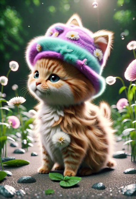 ral-fluff,<lora:ral-fluff:1>,
chibi,masterpiece,best quality,original,official art,kitten,purple hat,flower,blurred background,rendering,beautiful detailed glow,(detailed ice),beautiful detailed water,