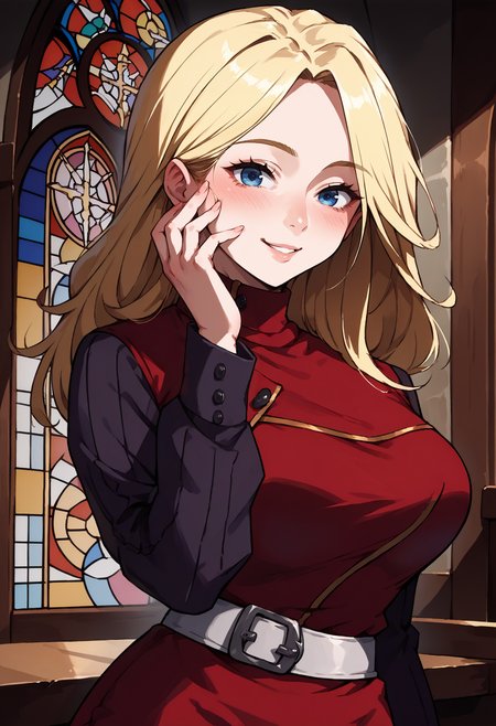 score_9, score_8_up, score_7_up, source_anime, 1girl, upper body, looking at viewer, smile, hand on own face, blush, <lora:YokoCV-pdxl:1> yokoCV, long hair, blonde hair, blue eyes, large breasts, red dress, sweater, long sleeves, white belt, church, stained glass