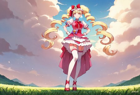 curemacherie, high heels, garter straps, thighhighs, outside,  score_9, score_8_up, score_7_up, ,source_anime, best quality, masterpiece,   , full body view ,collarbone ,  1girl , solo , girl focus, large breasts,  score_9, score_8_up, score_7_up, ,source_anime, best quality, masterpiece, , garter straps , 1girl , solo , girl focus,, full body view, facing viewer, hands on hips, low angle view, standing, outside , day, field,