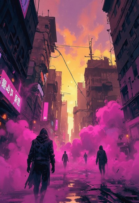 In an urban void shrouded in swirling volumetric fog, fragmented silhouettes move like ghosts through shifting beams of neon light. The analog noise texture lends a tactile, nostalgic quality to the scene, as if captured on decaying film stock. The fog absorbs and refracts the vibrant hues of the city—pulsing magentas and muted yellows—blurring the line between physical space and digital memory in a haunting yet hypnotic rhythm.