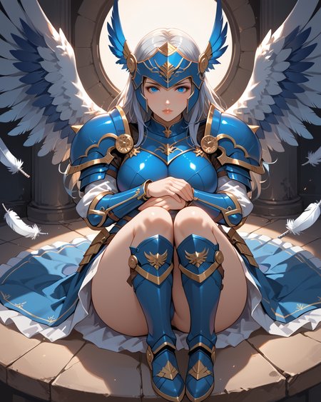 PonyScores7, source_anime, ah1, BREAK 1girl, long hair, mature female, (curvy), thick thighs, wide hips, busty, voluptuous, lips, <lora:venus body PonyXL:0.4>,  grey hair, (Grinning, Slightly raised lips widened eyes indicating amusement satisfaction or sarcasm,), (Sitting, hugging own legs), (stream), looking at viewer, (<lora:pony_xl_Lenneth:0.4> Lenneth, armor, helmet, blue armor, valkyrie, armored dress, winged helmet, weapon, feathers, shoulder armor, sword, boots, holding, breastplate, holding weapon, skirt, wings, pauldrons), BREAK <lora:xl_more_art-full_v1:0.2>, <lora:shinyskin2:0.2> glistening skin, <lora:aesthetic_anime_v1s:0.2>, <lora:Expressive_H:0.2> Expressiveh, <lora:hairdetailpxl:0.2> hairdetailpxl, <lora:EpicF4nta5yXL:0.2>, <lora:detailxl:0.2> detailxl, <lora:Fant5yP0ny:0.2>, best quality, amazing quality, best aesthetic, absurdres, <lora:expressive eyes:0.2> expressive eyes, <lora:eyedetailpxl:0.2> eyedetailpxl, illustration, Volumetric_Lighting, ultra-detailed, very aesthetic, intricate details, 8k, masterpiece, best_quality, BREAK (Aerial view Extreme Distance shot), BREAK <lora:Eyes_High_Definition:0.3> EyesHD, Stable_Yogis_PDXL_Positives, AS-Adult, <lora:Complicated fantasy portrait - XL Pony V2.0:0.4>, bad-hands-5,
