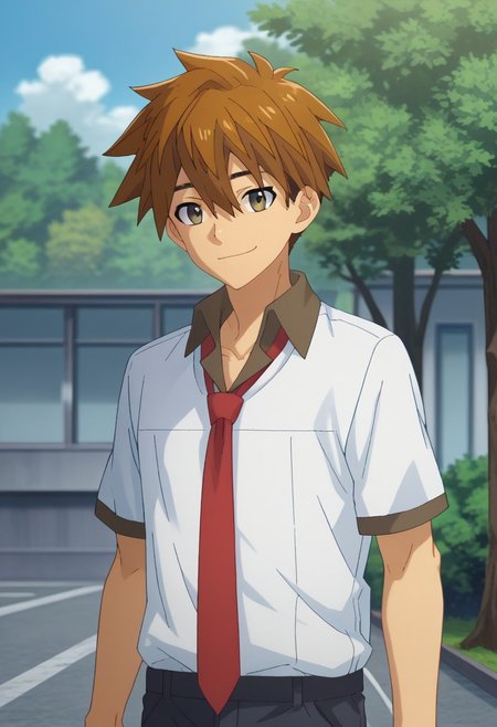 score_9, score_7_up, source_anime, 
yokoya, 1boy, male focus, solo, brown eyes, brown hair, hair between eyes, short hair, school uniform, shirt, white shirt, collared shirt, short sleeves, necktie, red necktie, pants, smile,
outdoor, sky, tree, cloud,