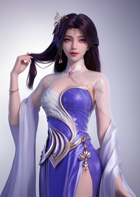 looking_at_viewer,cowboy_shot,1girl,hair_twirling,solo,dress,hair ornament,portiart,from front,masterpiece,(best quality),official art,extremely detailed cg 8k wallpaper,((crystalstexture skin)),(extremely delicate and beautiful),solo,realistic,photo_\(medium\),hiqcgbody,purple eyes,chinese background,<lora:äºæ¦_V2-000001:1>,eye-contact,(smile:0.8),jewelry,purple with white waistband,(holding_hair:1.4),