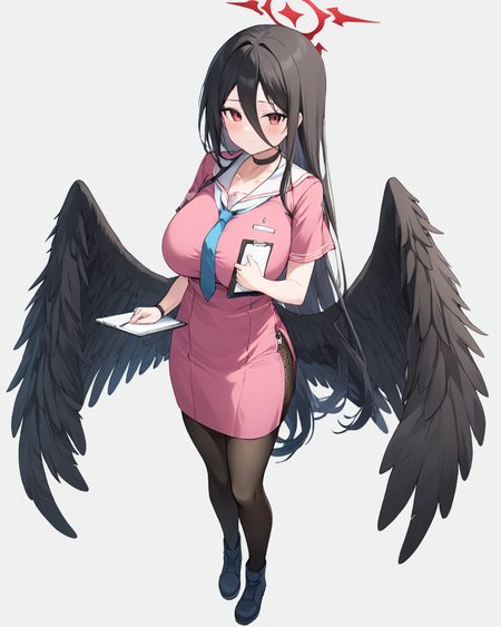 hasumi \(blue archive\),1girl, solo, halo, black_wings, blush, white_footwear, mole_under_eye, pantyhose, full_body, alternate_costume, white_background, large_breasts, looking_at_viewer, simple_background, necktie, holding_clipboard, black_feathers, boots, feathered_wings, nurse, black_choker, short_sleeves, zipper_pull_tab, pink_dress, sweatdrop
<lora:hasumi_(blue_archive)_image2580_2023-11-26:1>halo. gorgeous,key visual, vibrant, studio anime,award-winning, professional, highly detailed,high budget, cinemascope