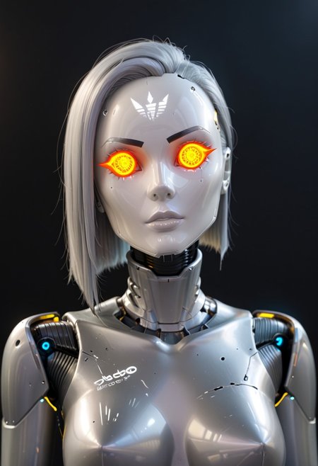 A 35mm photo of a beautiful broken robotic woman, she has a faceless robotic head, robot, silver hair, smooth dark grey metallic featureless feminine body, sparks coming from her broken neck
no face