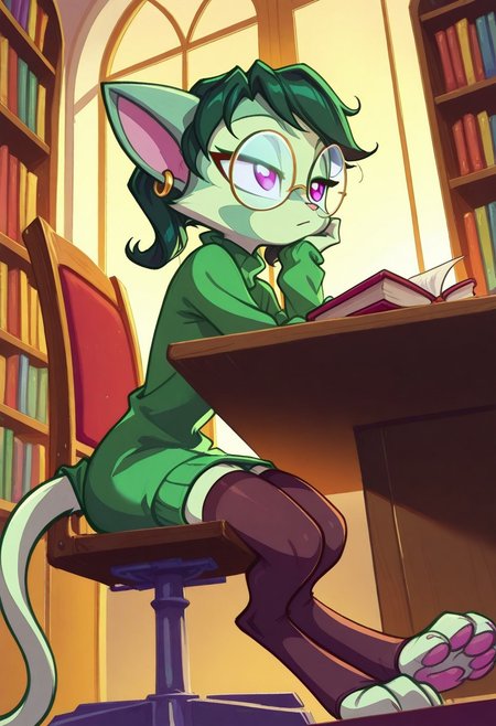Dreamkeepers,1girl,prelude_lilith,solo,furry,tail,green hair, source_furry,glasses,magenta eyes,
child,
side-swept bangs,
big comfy green sweater dress, deep neckline,  thigh-high sheer stockings,(round eyewear, glasses), plug earrings, 
stylized, low-angle shot, from the side,sitting pose, leaning back in chair, seated at desk, feet on desk, (reading one book:1.2), lidded eyes, sleepy, BREAK, 
indoors, library interior, (golden hour light through windows), (rows of perfectly organized bookshelves), dust motes in sunlight, antique wooden desk, velvet armchair, detailed background, BREAK,
(fine texture, masterpiece, ultra-detailed, very awa, best quality, very aesthetic, absurdres, newest, volumetric lighting, scenery, extremely high-resolution,), BREAK.