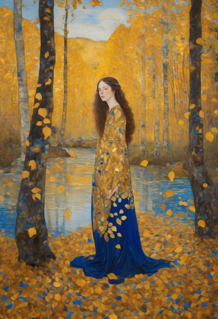 klimt style,1 girl, solo ,masterpiece, full body girl pale skin bathing in a river in a lush forest, real gold and blue color, autumn leaves