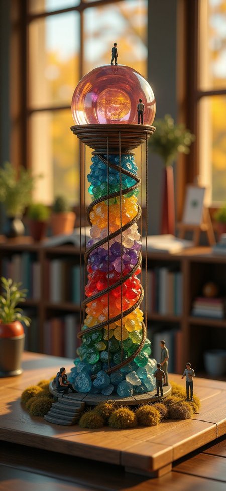 (indoors,indoor,isometric view,side view,tilt-shift lens:2), (fna_style,miniature,miniature,diorama,miniature,diorama,PVC,plastic:2),sunset,autumn giant (multi layers of gem observation tower   sphere vertical:2.5)  is located center, people are climbing with ropes, (in wooden square plate:3) (on table at study:3) <lora:Fantasy_Novel_Art_Style:1> <lora:Rostpunk:0.3>