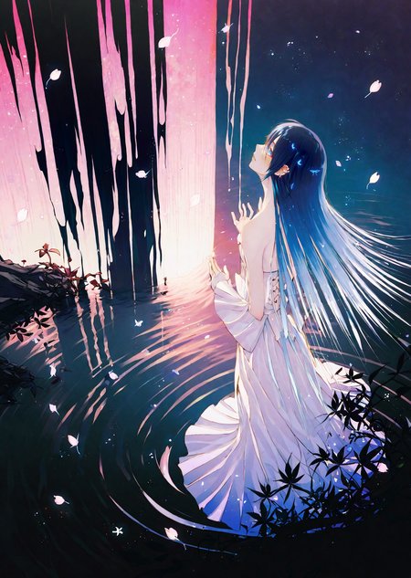 , by wanke, by ajimita,
  1girl  
extremely beautiful detailed piercing eyes,
a girl immersed in a magical garden at twilight. She stands beside a luminous waterfall, cherry blossoms gently falling around her. The soft glow of fireflies and the distant twinkle of stars add an enchanting ambiance to this serene and otherworldly scene
 masterpiece, best quality, high quality, highres, absurdres, very detailed, high resolution, sharp, sharp image, 8k, vivid, colorful, stunning, anime