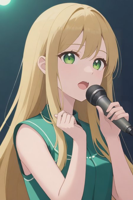 <lora:shiny_style_xl-turbo_v2:1>idol, blonde, long_hair, dark green eyes, sing, microphone