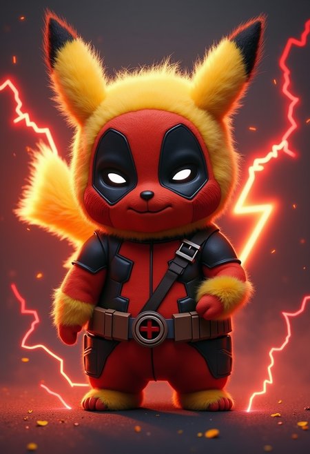 A fluffy pikachu as deadpool, glaring, red lightning