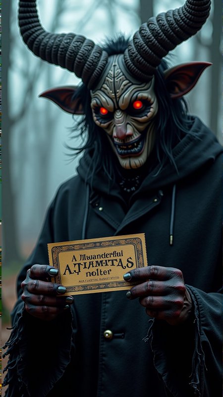 A professionally shot photography of a KrampusStyle Ticket. Dark, atmospheric and moody atmosphere. killer, tormented, ebony
<lora:KrampusStyleFlux:__wildcards/numbers/07-09__>