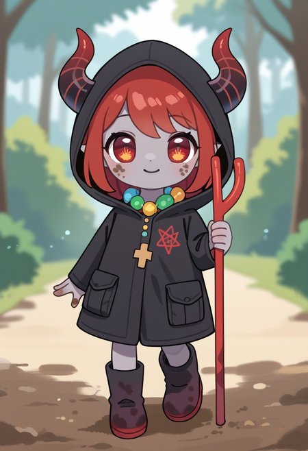score_9, score_8_up, score_7_up, BREAK
highres, highly detailed, high resolution, high quality, 
source_anime, anime screencap, saturation, vivid colors, 
1girl, solo, luce, full body, standing, demon girl,
(dark red hair:1.2), (big dark red eyes:1.1), medium hair, cute, (grey skin:1.1), (horns:1.2), 
(long black raincoat:1.1), dirty black rubber boots, 
pentagram on the neck, holding red trident, 
pikaole, cute, bokeh,
blurry background, forest background, path