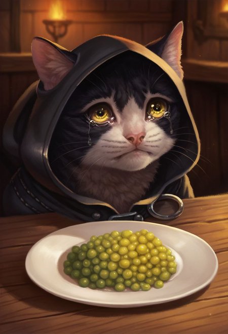 score_8_up, score_7_up, score_6_up, score_5_up,
solo, cat, black fur, panther, yellow eyes, tears, detailed eyes, rogue outfit, hood, mascular, inside a tavern, empty plate,
sad cat meme, pikaole, cute