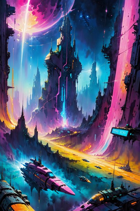 skyline of a dense and sprawling city on a junkworld, cyberpunk, night, neon signs, spotlights, hologram,smoke, magenta, teal and yelelow neon lights,  glowing, ethereal light,starry sky, bustling, cosmic hues, vibrant colors, watercolor style, surreal lighting, futuristic motifs, vivid colors, detailed digital art <lora:Painted World-000006:0.7> painted world, colorful splashes<lora:EnvyJunkworldXL01:0.8>  <lora:John Berkey Style:1> John Berkey Style page, (masterpiece:1.2), best quality, (hyperdetailed, highest detailed:1.2), high resolution textures, <lora:EnvyBetterHiresFixXL01:1>
